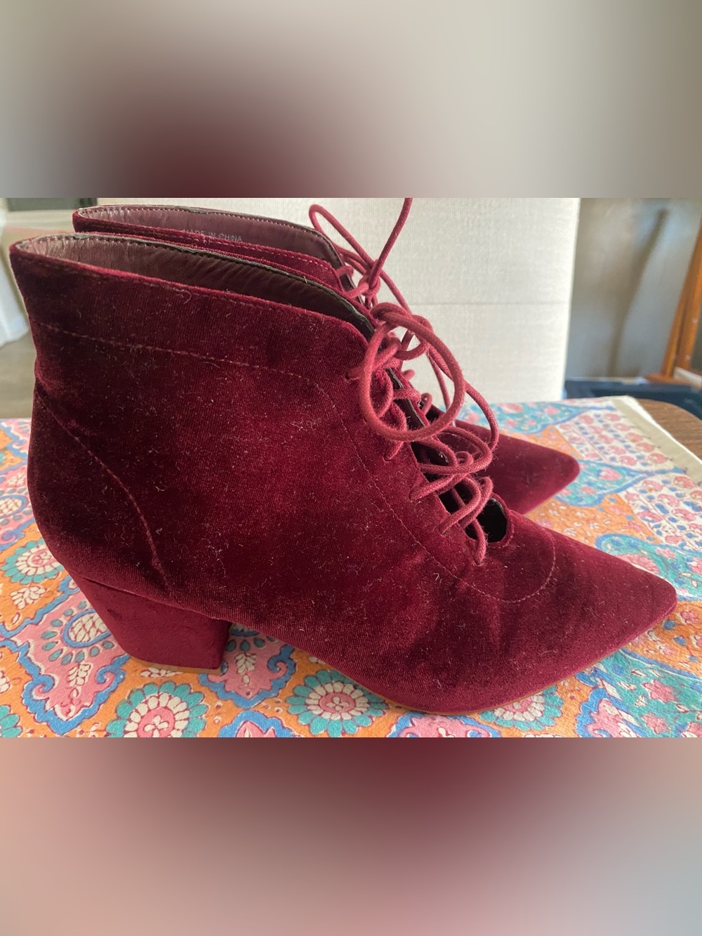 Miss L-Fire Velvet Lace-Up Pointed Ankle Boots in Burgundy